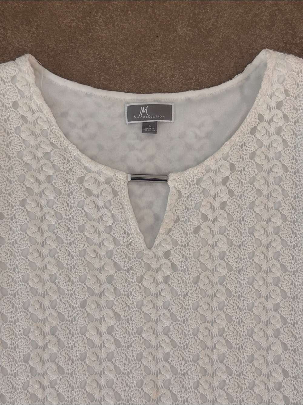 JM Collection White Crochet Lace Blouse Keyhole Neck 3/4 Sleeve Large - Picture 4 of 9